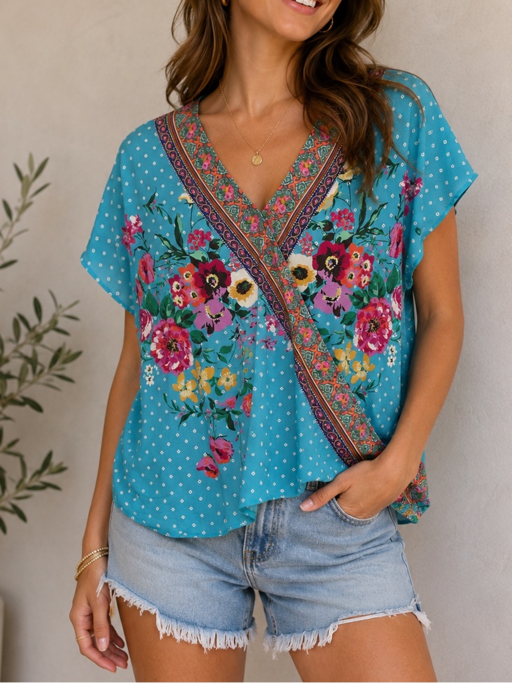 Umgee Floral Boho Faux Wrap Blouse Size Small